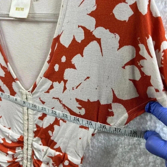 Anthropologie Maeve XS Summer Breeze Orange Off White Floral Dress Ruched Waist - Picture 8 of 15